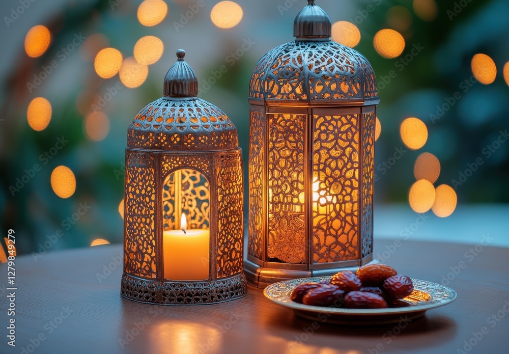 Poster elegant decorative lanterns with flickering candles and a plate of dates surrounded by soft bokeh li