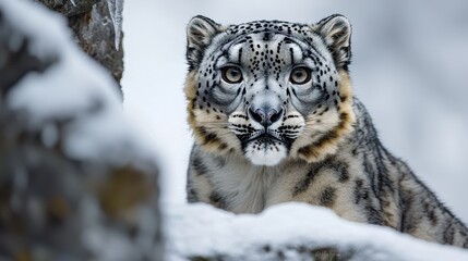 Majestic Snow Leopard Staring Intently in Winter Wonderland