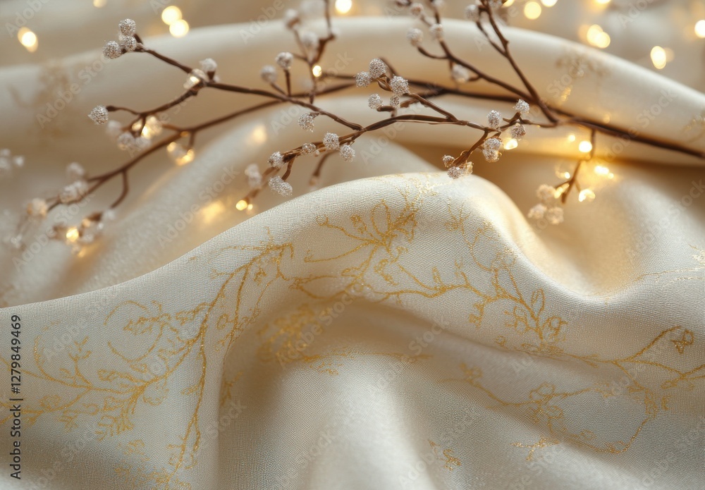 Poster elegant fabric with intricate floral patterns and twinkling lights on a soft satin background, creat