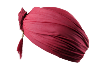 Red scarf with a gold tassel hanging from it, isolated