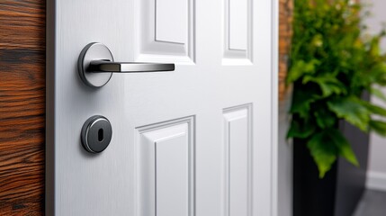 Fototapeta premium Modern entrance door with a sleek handle set against wooden paneling and greenery