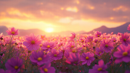 Fototapeta premium Beautiful cosmos flower fields stretching across the horizon in a tranquil countryside