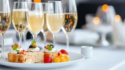 Elegant Dessert Plate with Champagne Glasses in a Sophisticated Dining Setting