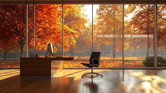 A breathtaking autumn scene with golden and crimson leaves glowing under sunlight, visible through floor-to-ceiling glass office windows, warm reflections of light inside,