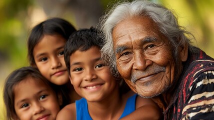Elderly man, grandchildren, smiling, outdoors, tropical background, family portrait
