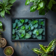 A beautiful arrangement of indoor plants surrounded by vibrant green leaves and soft lighting, creating a calm atmosphere..
