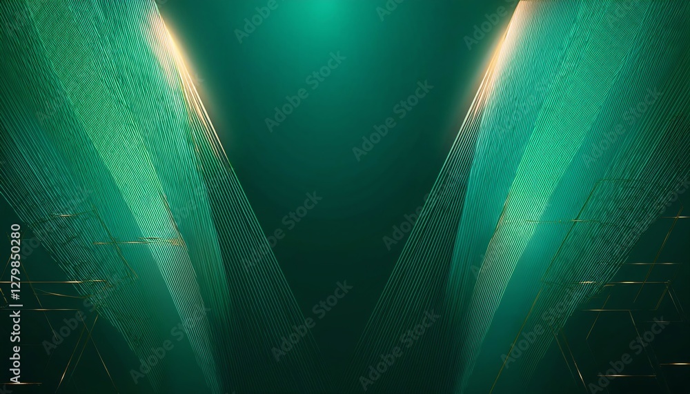 Poster an abstract digital design featuring green light beams and layered textures, creating a futuristic a