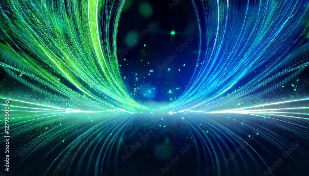 Poster a vibrant abstract background showcasing swirling lines in green and blue, with soft glowing particl