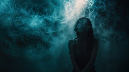 Fototapeta premium A woman sits in a mystical setting, shrouded in swirling blue smoke with a soft and mysterious atmosphere..