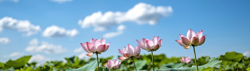 Obraz premium Serene Blooming Lotus Flowers Under Bright Blue Sky with Fluffy Clouds in Vibrant Green Pond Landscape