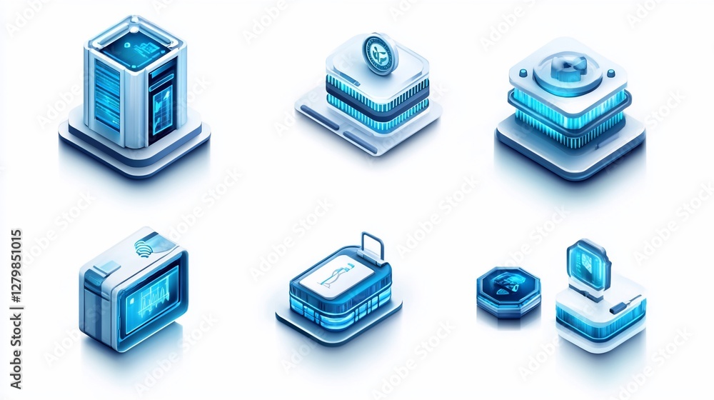 Poster isometric digital server and network elements with futuristic style in a white background