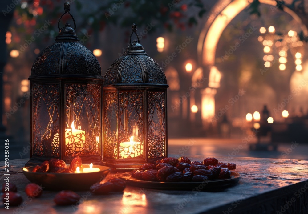 Poster elegant lanterns with glowing candles and a plate of dates in a warm, atmospheric setting of a mysti