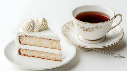 White Cake Slice with Cream and Tea in Elegant Cup on White Surface