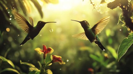 Naklejka premium Two Hummingbirds in Flight Amid Lush Green Tropical Foliage