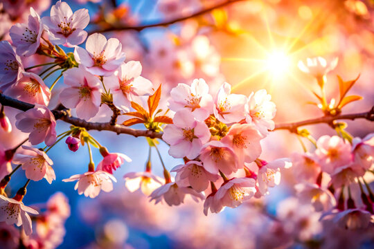 Close-up of cherry blossoms with sunlight softly filtering through. AI Generative