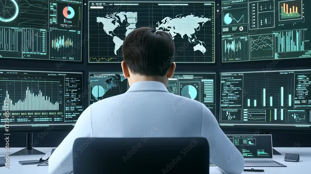Fototapete high tech control room analyzing global data, statistics, and charts on multiple screens for informe