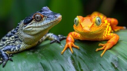 Closeup of a Black and Blue Lizard and an Orange Frog on a Green Leaf