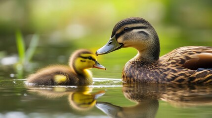Obraz premium Brown and Yellow Duck and Duckling on Calm Water