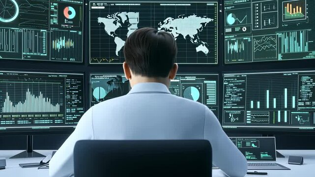 High Tech Control Room Analyzing Global Data, Statistics, and Charts on Multiple Screens for Informed Decision Making and Information Analysis in Data Driven Environment