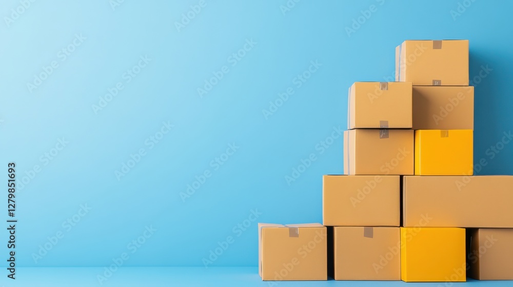 Aufkleber stacked cardboard boxes in various sizes on a bright blue background for shipment or storage concept