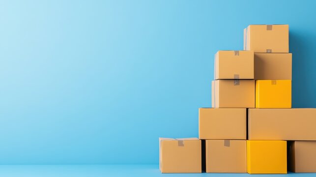 Stacked cardboard boxes in various sizes on a bright blue background for shipment or storage concepts