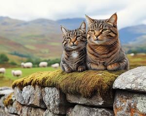 Fototapeta premium Two Tabby Cats Relaxing on Mossy Stone Wall in Scenic Countryside Landscape with Sheep Grazing, Blue Sky and Rolling Hills, Peaceful Nature Setting