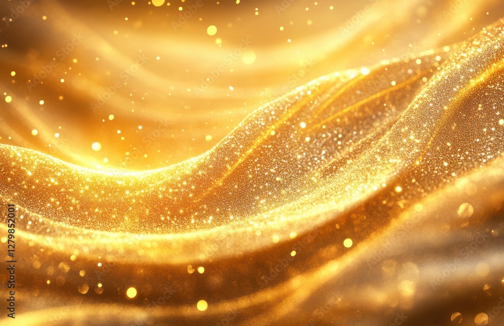 Poster enchanting golden fabric waves illuminated with sparkling glitter and shimmering particles for capti