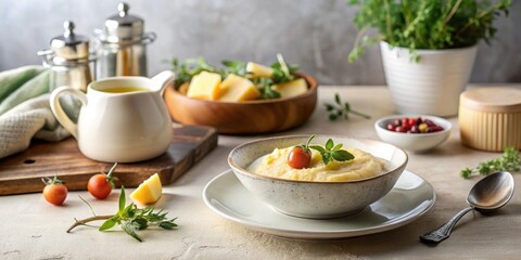 Creamy Mashed Potato Dish with Fresh Herbs and a Burst of Cherry Tomato Flavor Served in a Rustic Bowl on a Light Table