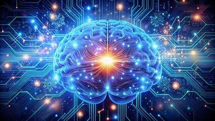 Obraz premium A conceptual tech illustration of AI, featuring a glowing brain, circuits, and digital connections