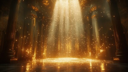 Fototapeta premium Enchanting golden rays illuminate an ancient mystical temple with sparkling particles, creating a breathtaking atmosphere of wonder and tranquility.