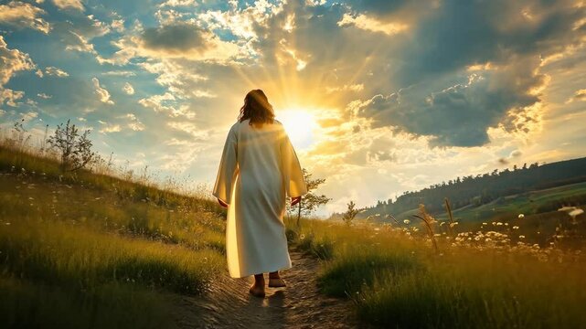 Back view of a person in a robe walking on a sunlit path, shot from a low angle. The scene has a cinematic, ethereal video style.