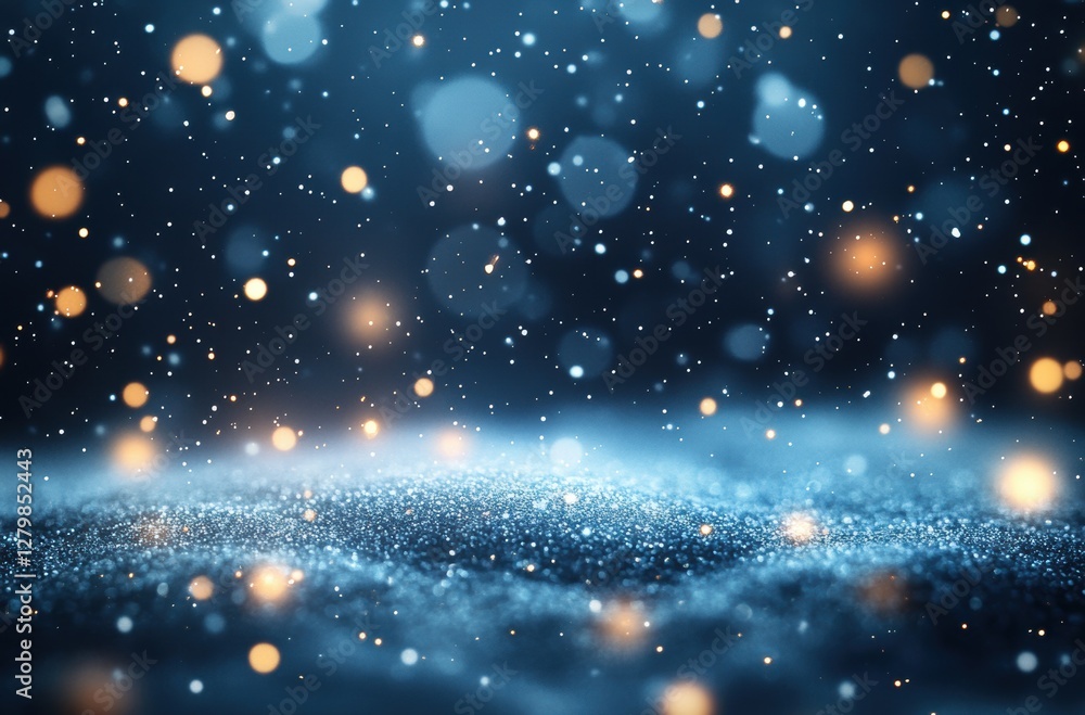 Poster enchanting soft blue and gold glittering background with shimmering bokeh and sparkling light effect