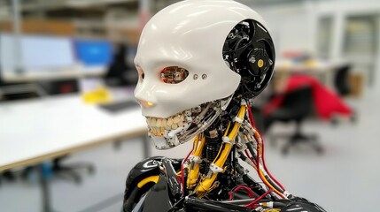 Close-up of a humanoid robot's head and neck, showcasing intricate internal mechanics.  A blend of futuristic and mechanical design.