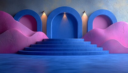 Abstract architectural design with blue steps and pink formations