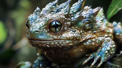 Fototapeta premium Close Up of a Mythical Blue Green Scaled Frog
