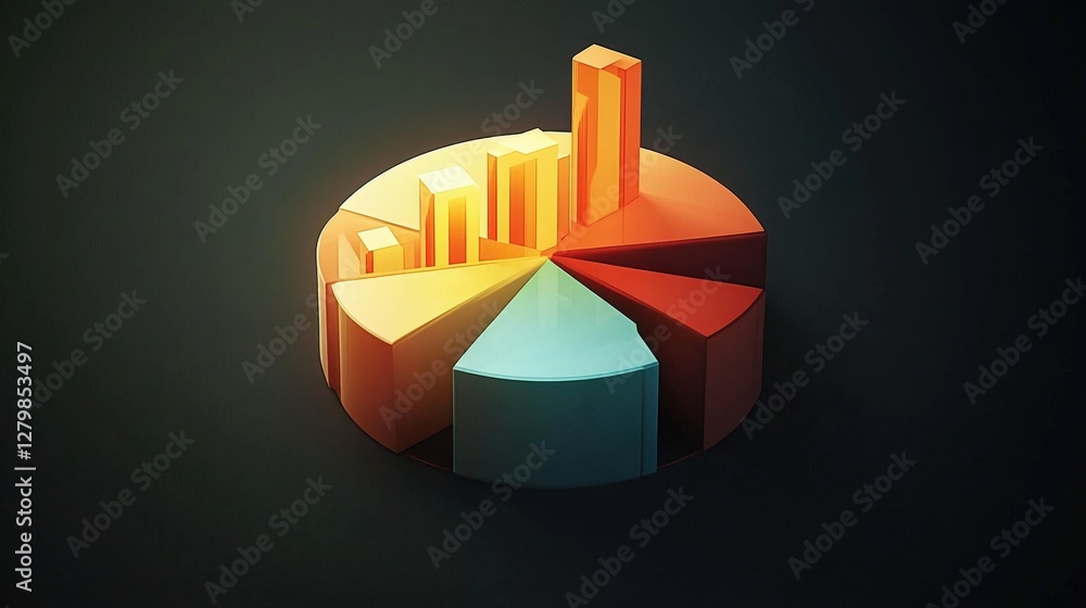 Poster colorful 3d pie chart with rising bar graphs illustrating data analysis and trends