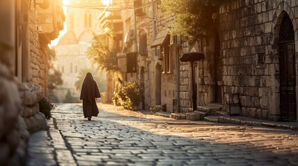 Jesus walking on a cobbled street in Jerusalem surrounded by historic buildings