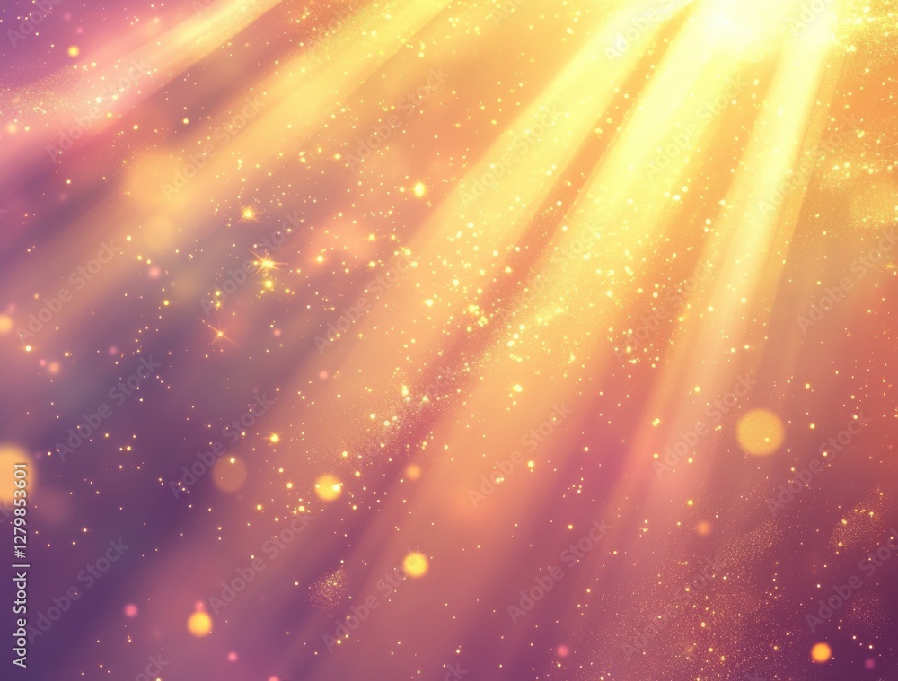 Poster ethereal light rays through soft purple and yellow haze creating a magical sparkle effect for backgr