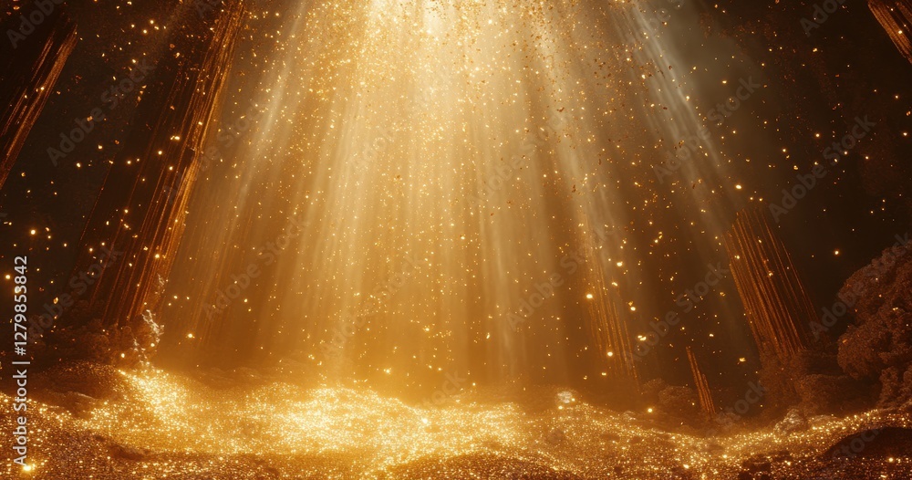 Poster ethereal rays of light shining through a golden dusty atmosphere with sparkling particles and a magi