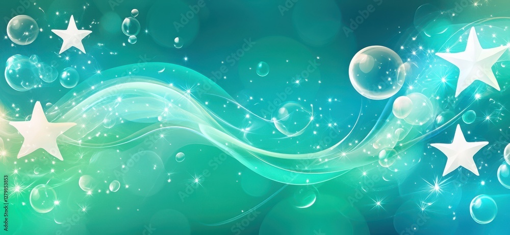 Poster ethereal waves of blue and green with sparkling stars and floating bubbles for creative background a