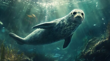 Fototapeta premium Underwater Seal Pup in Dark Green Ocean