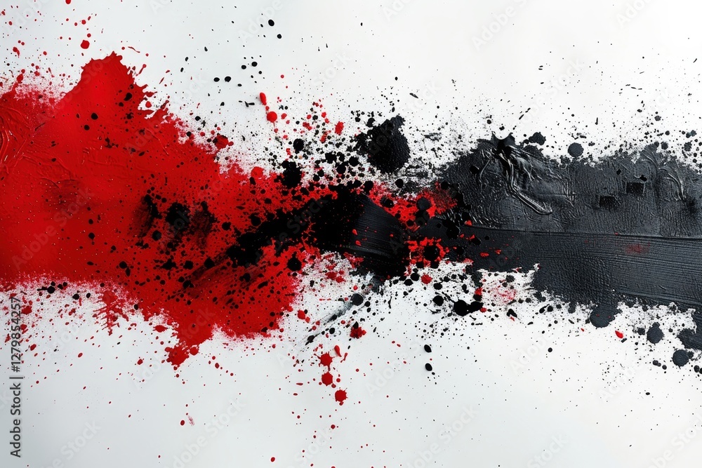 Poster vivid splashes of red and black paint create an abstract composition on a white canvas. the contrast