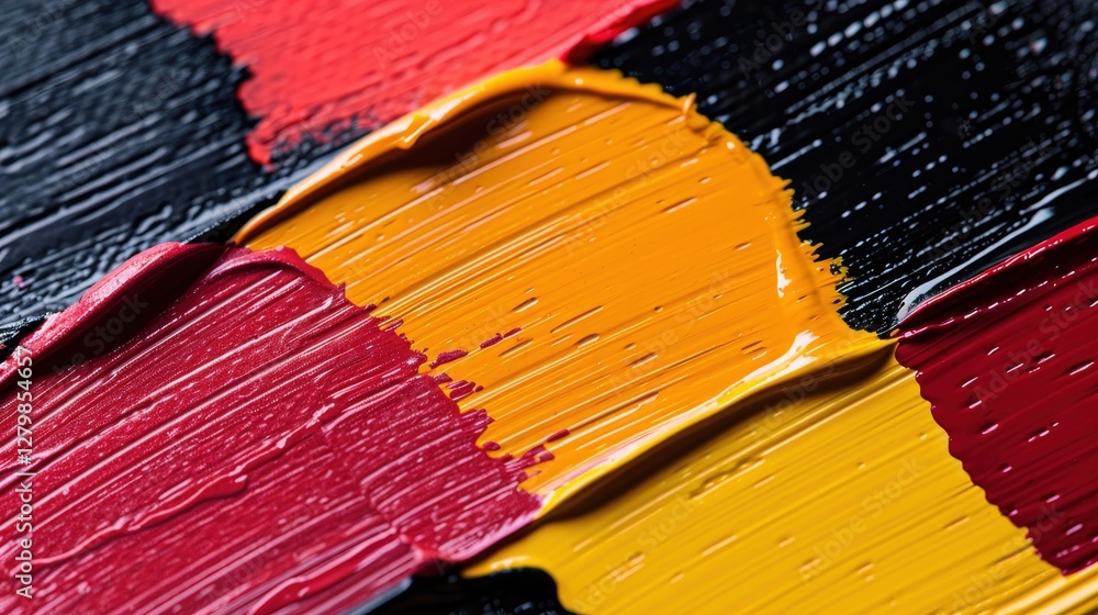 Poster smooth textures of golden yellow red and black paint blend beautifully across a clean white backgrou