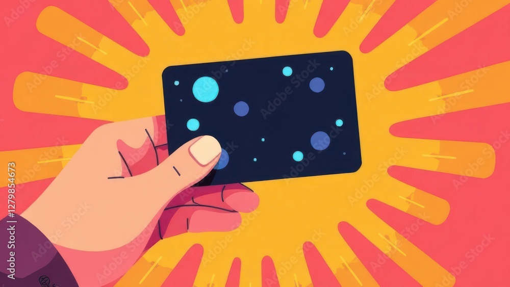 Aufkleber a hand is holding a black card adorned with colorful cosmic patterns. the background features bright