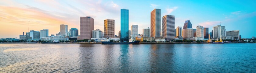 Obraz premium Panoramic View of Urban Skyline with Modern Architecture and Waterfront at Sunset Over Calm Water