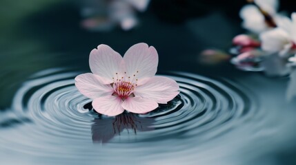 Delicate Cherry Blossom on Water, Calm Ripples, Peaceful Spring Scene, Background Bokeh, High-Quality Stock Photo