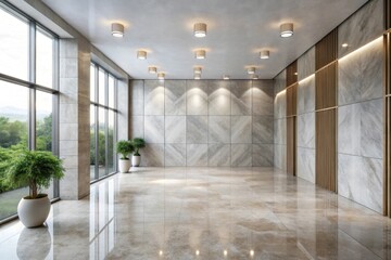 Modern minimalist interior design spacious lobby with large windows, polished floor, and elegant wall paneling.