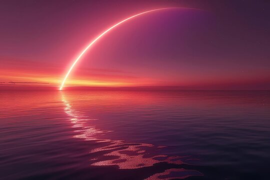 A Falcon 9 rocket launches from Cape Canaveral Florida carrying satellites into orbit. The vibrant engines create a beautiful arc above the ocean at sunset inspiring viewers.
