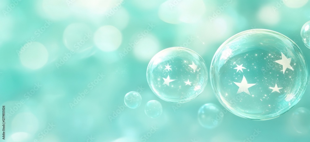 Poster glimmering bubbles with stars against a soft aqua background for magical and dreamy design concepts 