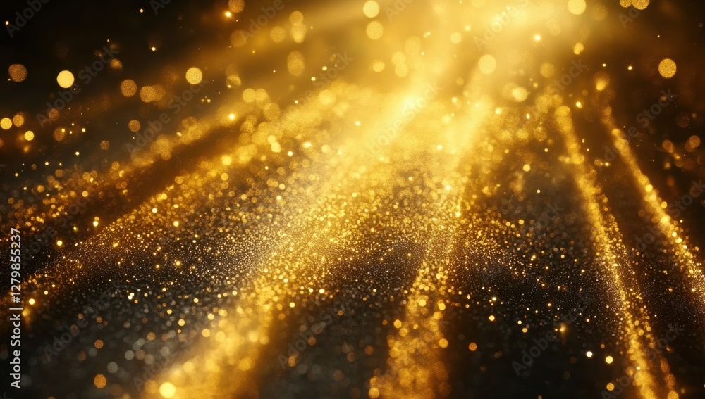 Poster glimmering gold particles on dark background with radiant light rays creating a magical and dreamy a